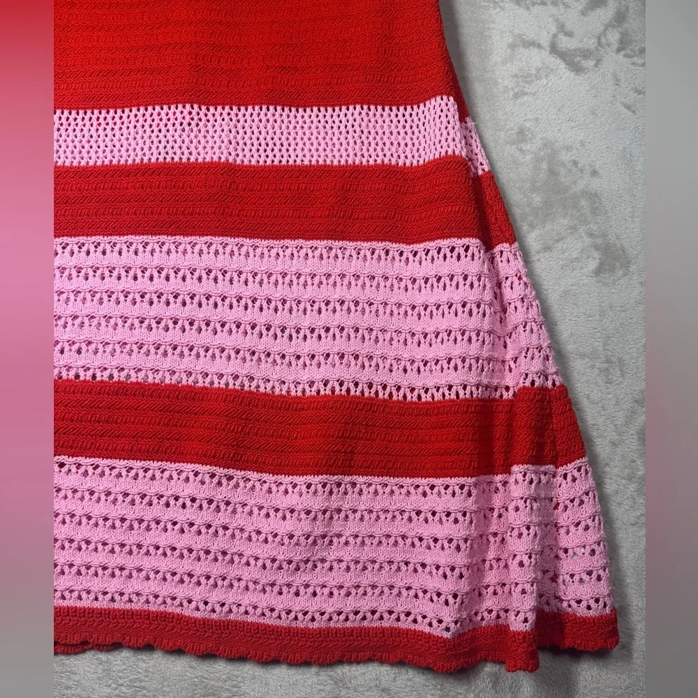 Scoop Crochet Scalloped Hem Red Pink Striped A Line Pull On Midi Skirt Large - Picture 6 of 16